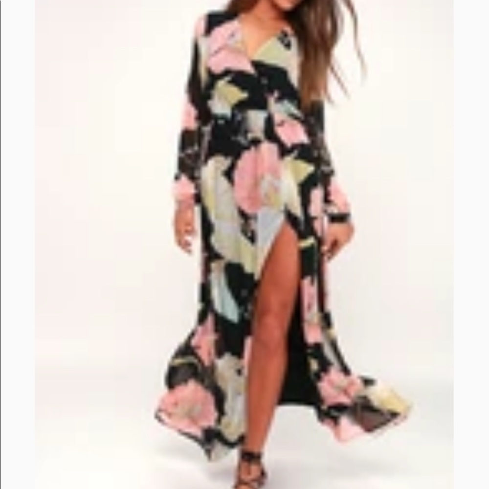 Lulu's Black Maxi Dress with Pink and Cream Floral Print